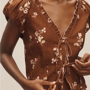 Anthropologie floral linen tie top